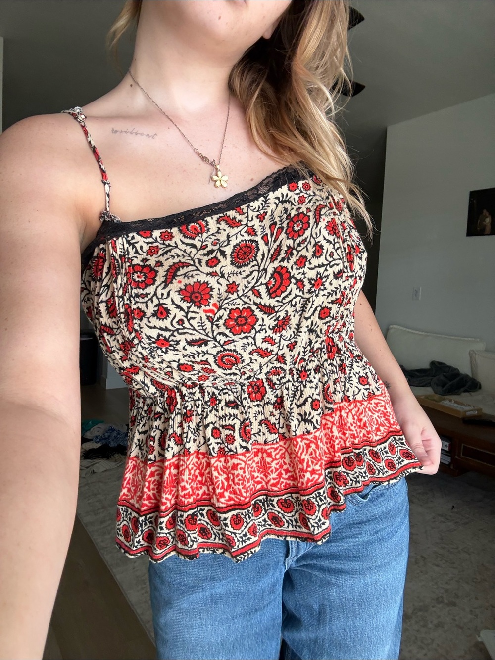 Forever 21 Red and Cream Floral Smocked Peplum Cami